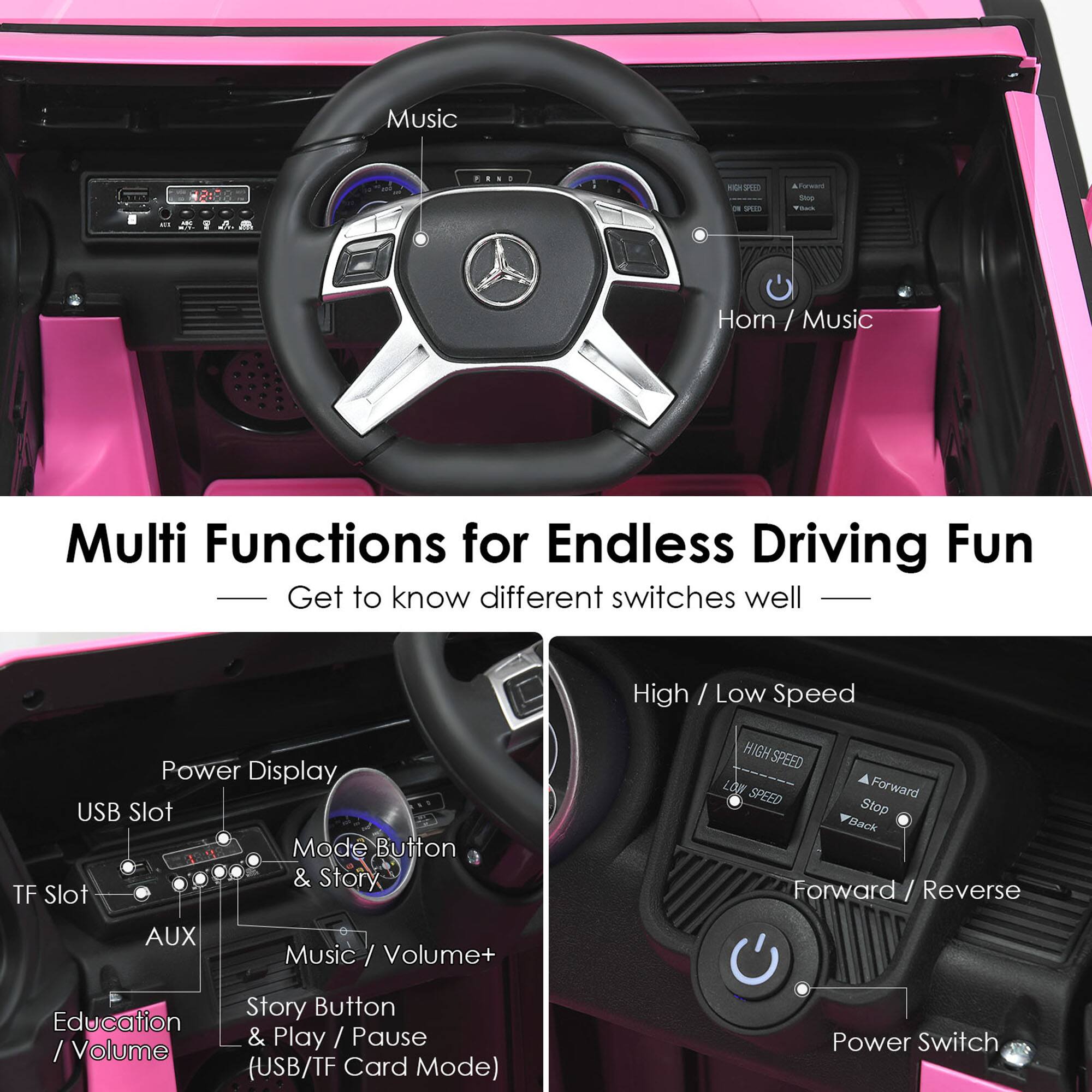 Multi Functions for Endless Driving Fun  
Get to know different switches well  

- Music  
- Horn / Music  
- High / Low Speed  
- Forward / Reverse  
- Power Display  
- USB Slot  
- TF Slot  
- AUX  
- Education / Volume-  
- Music / Volume+  
- Story Button & Play / Pause (USB/TF Card Mode)  
- Mode Button & Story  
- Power Switch