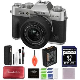 Fujifilm - X-T30 III Mirrorless Camera with 13-33mm f/3.5-6.3 Lens (Silver) Bundle with 64GB SD Card, Advanced Accessories