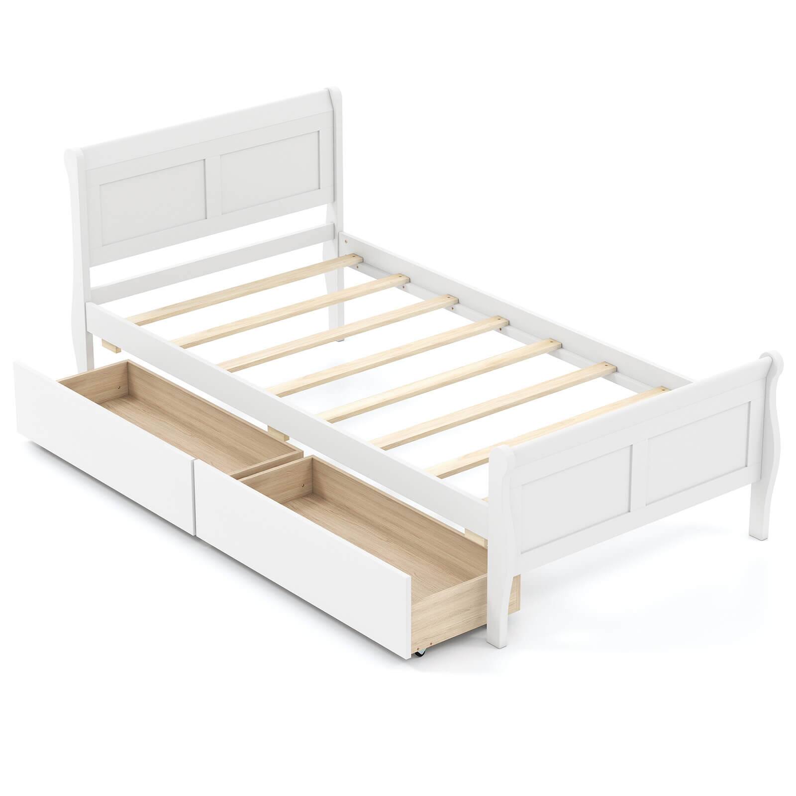 Costway - Twin Size Bed Frame with 2 Storage Drawers Wood Platform Bed with Headboard - White