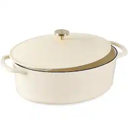 Best Choice Products - Oval 7.5 Quart Cast-Iron Dutch Oven, Heavy-Duty w/ Enamel, Side Handles - Vanilla Buttercream