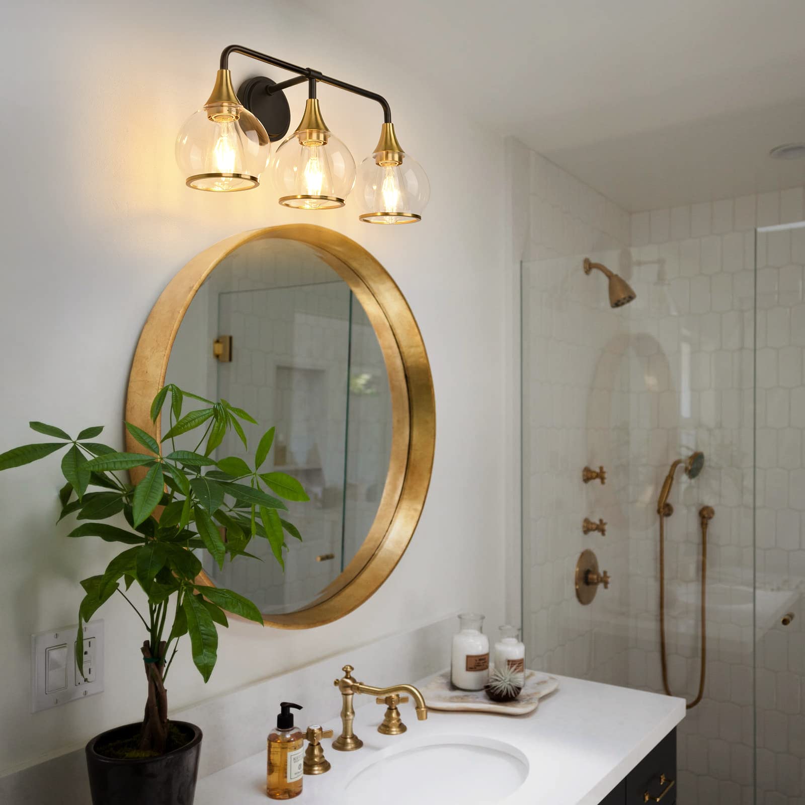 Alt View 2. Earthley Blooms - And Bathroom Vanity Light 3-lights Fixtures Over Mirror With Clear Glass Shade 22 Wall Sconce Lighting Ba... - Gold-3 Light.