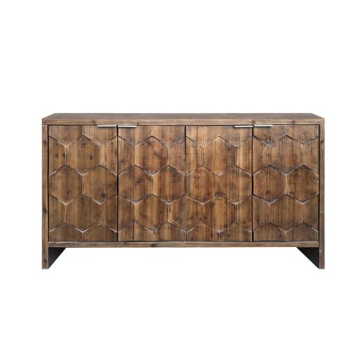 Back. LUCKY ONE - Freestanding Farmhouse Accent Cabinet with 4 Doors Adjustable Shelves for Living Room Entryway - Natural Wood+Brown.