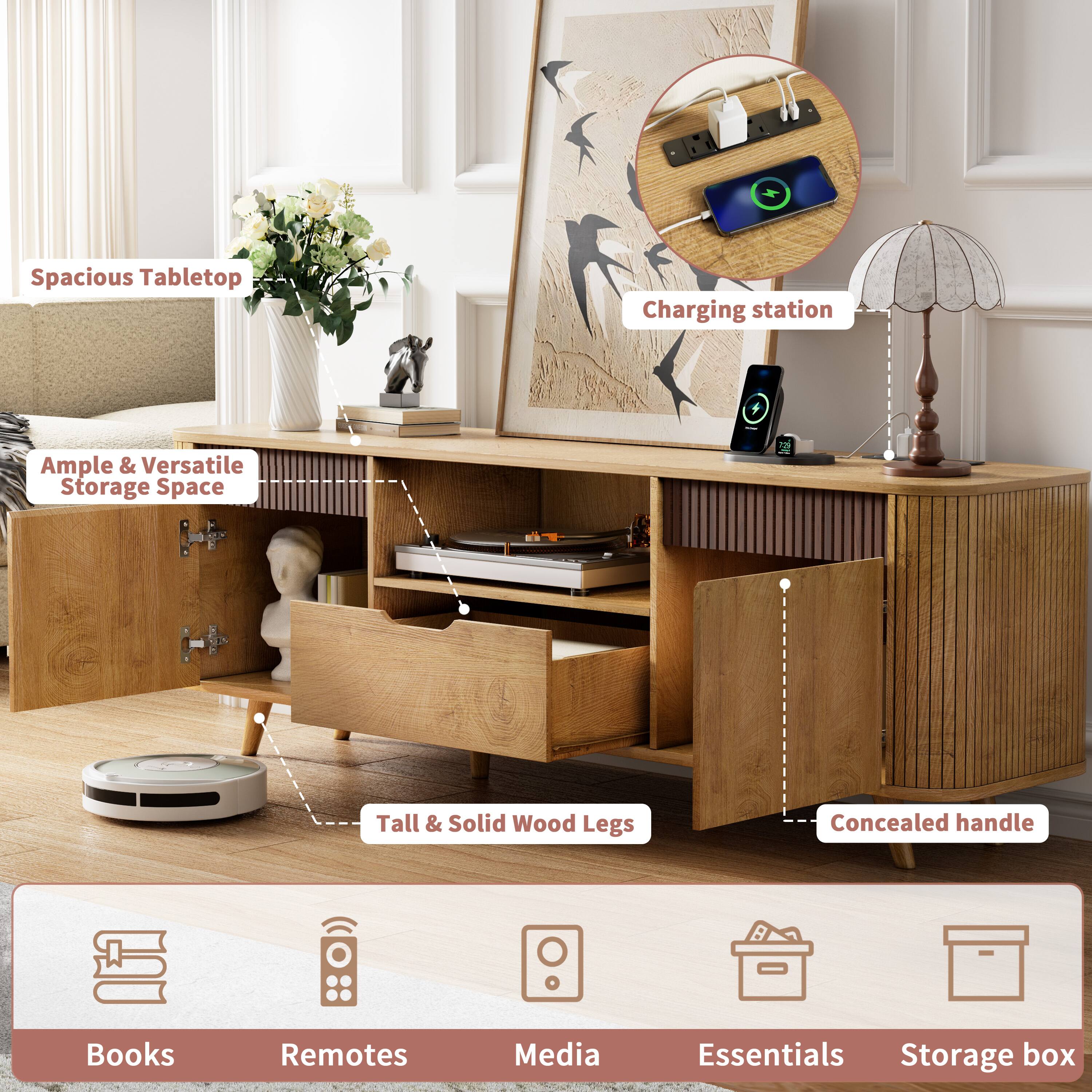 Spacious Tabletop  
Charging station  
Ample & Versatile Storage Space  
Tall & Solid Wood Legs  
Concealed handle  
Books  
Remotes  
Media  
Essentials  
Storage box