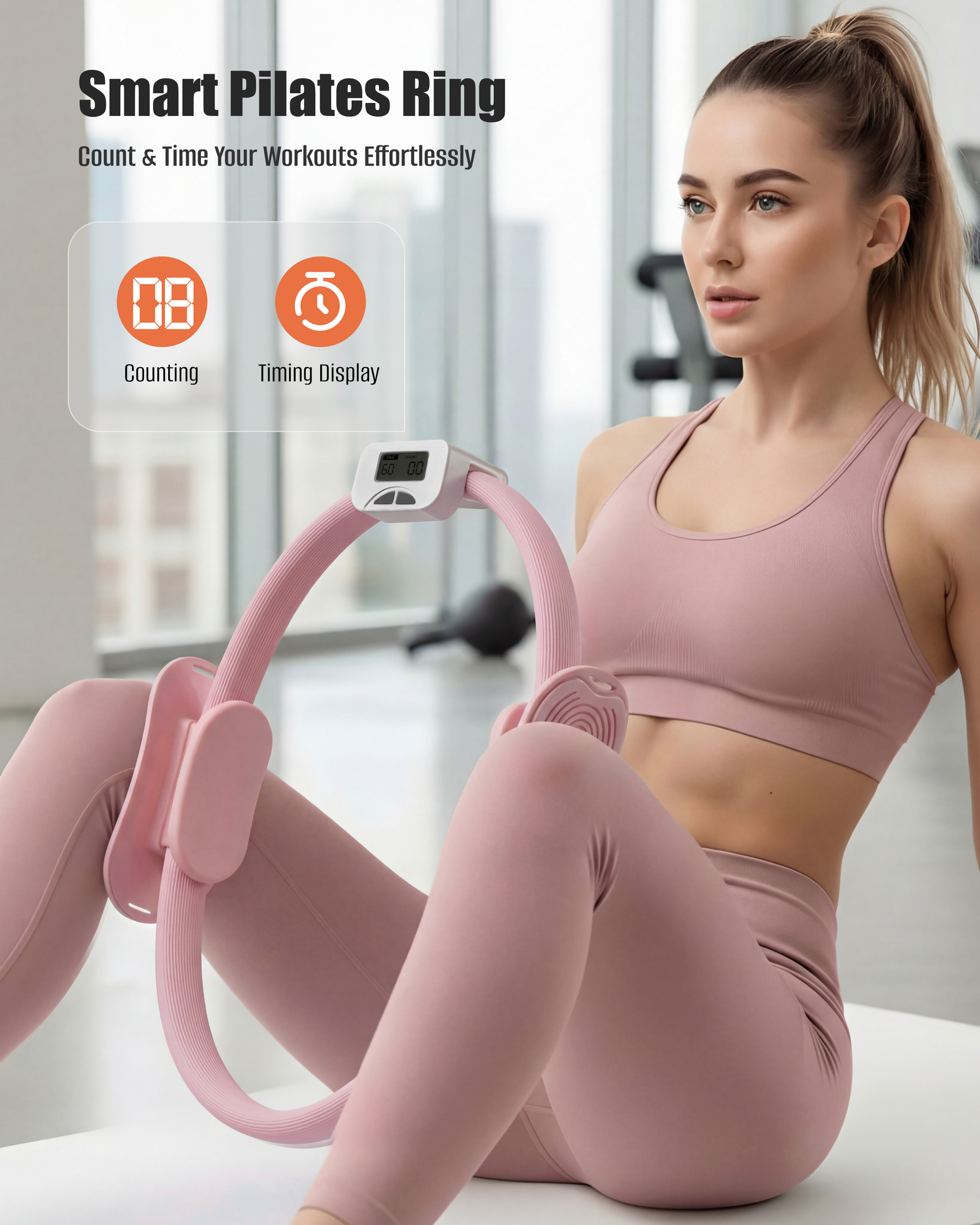 Smart Pilates Ring  
Count & Time Your Workouts Effortlessly  

Counting  
Timing Display  

60:00
