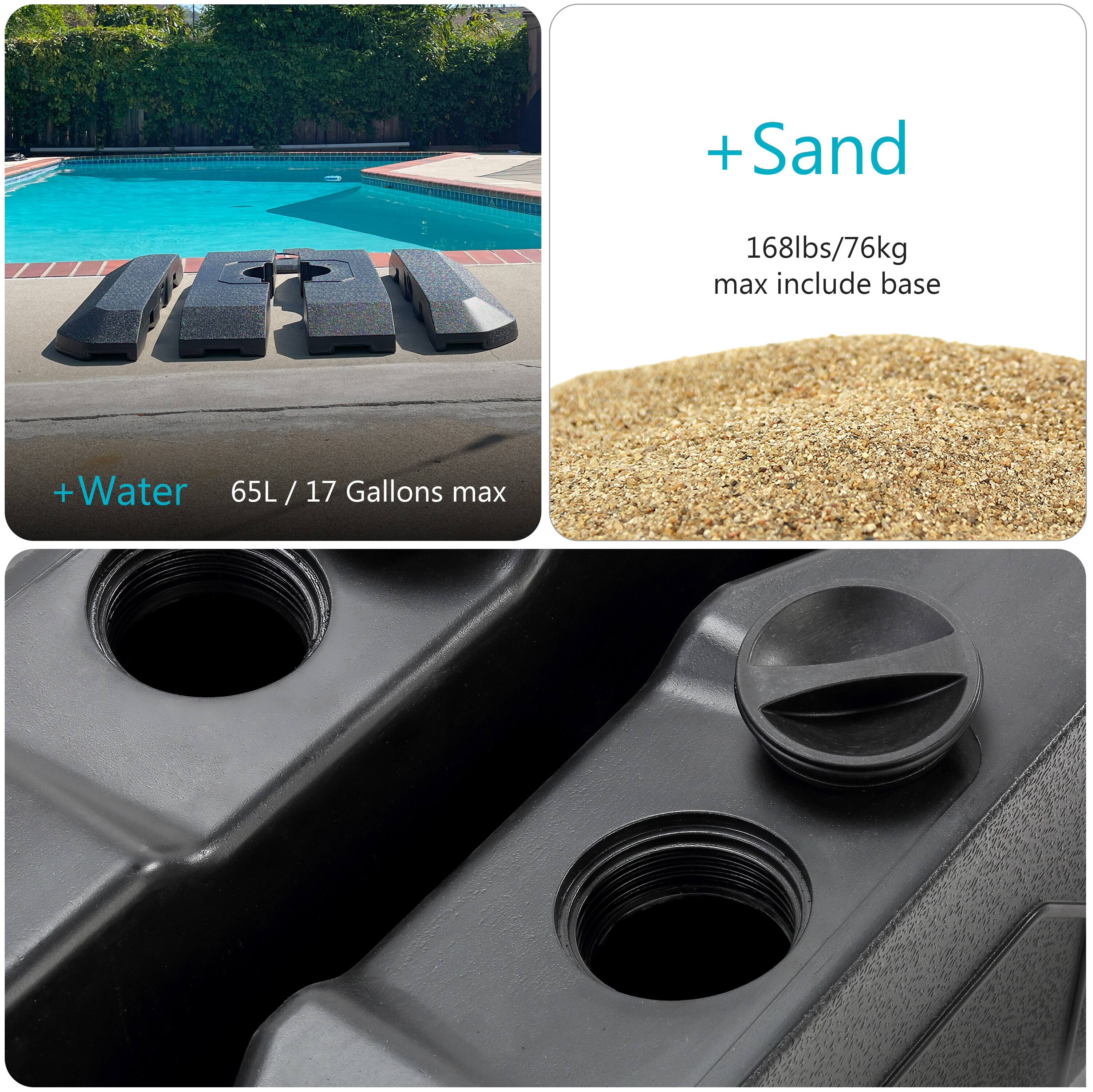 +Sand  
168lbs/76kg max include base  

+Water  
65L / 17 Gallons max
