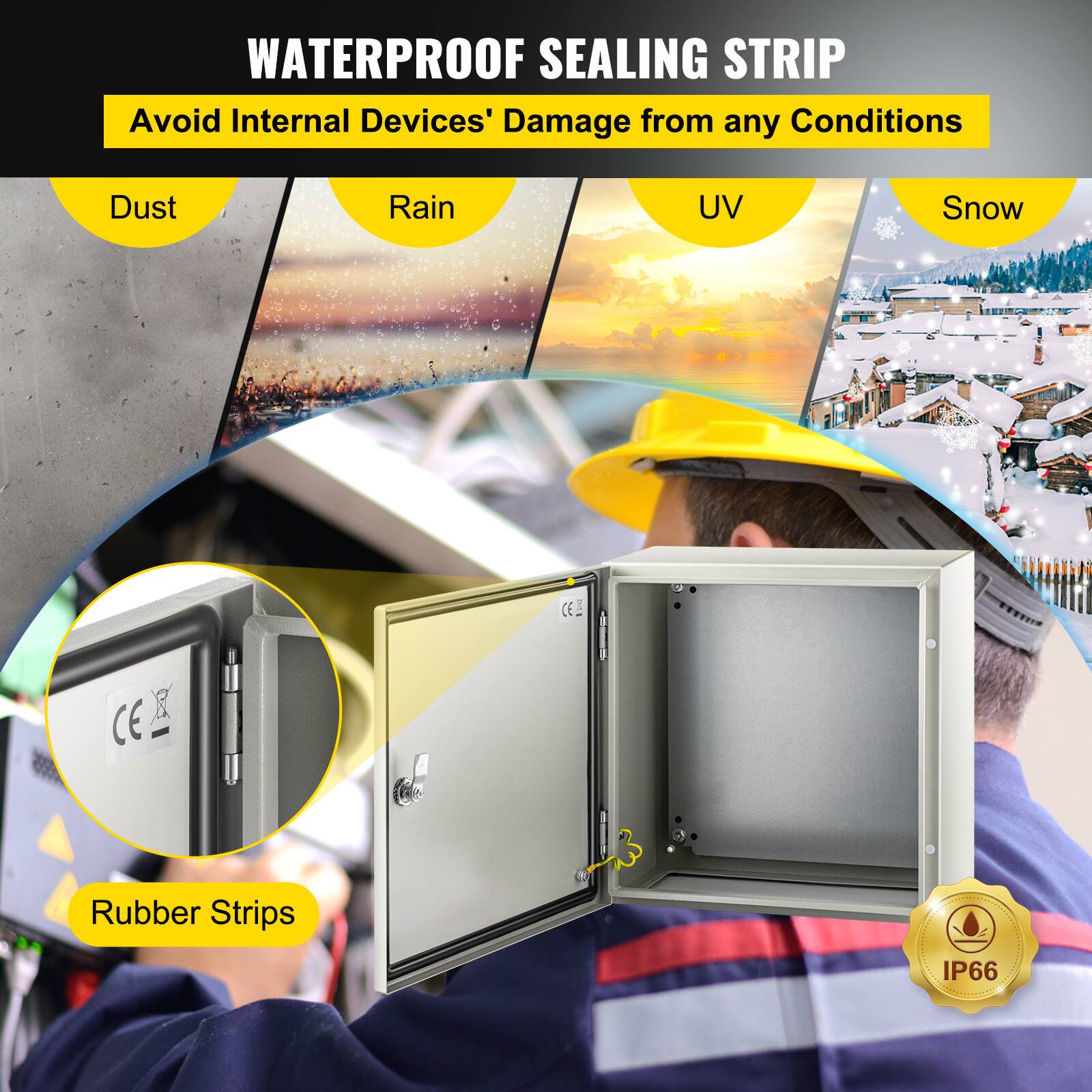 WATERPROOF SEALING STRIP  
Avoid Internal Devices' Damage from any Conditions  
Dust  
Rain  
UV  
Snow  
CE  
Rubber Strips  
IP66