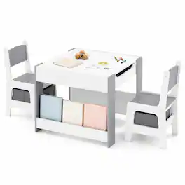 Costway - 4-in-1 Kids Table & Chair Set Toddler Wooden Activity Table with Side Bookshelves - Gray