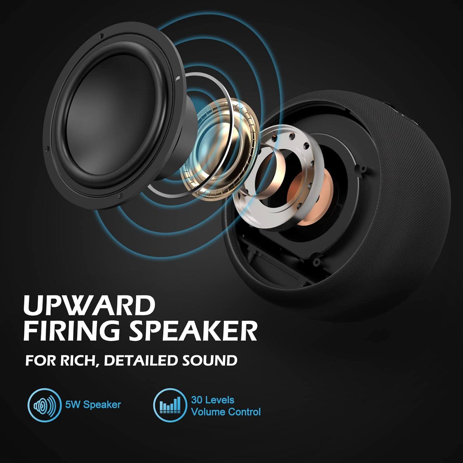UPWARD FIRING SPEAKER  
FOR RICH, DETAILED SOUND  

5W Speaker  
30 Levels Volume Control