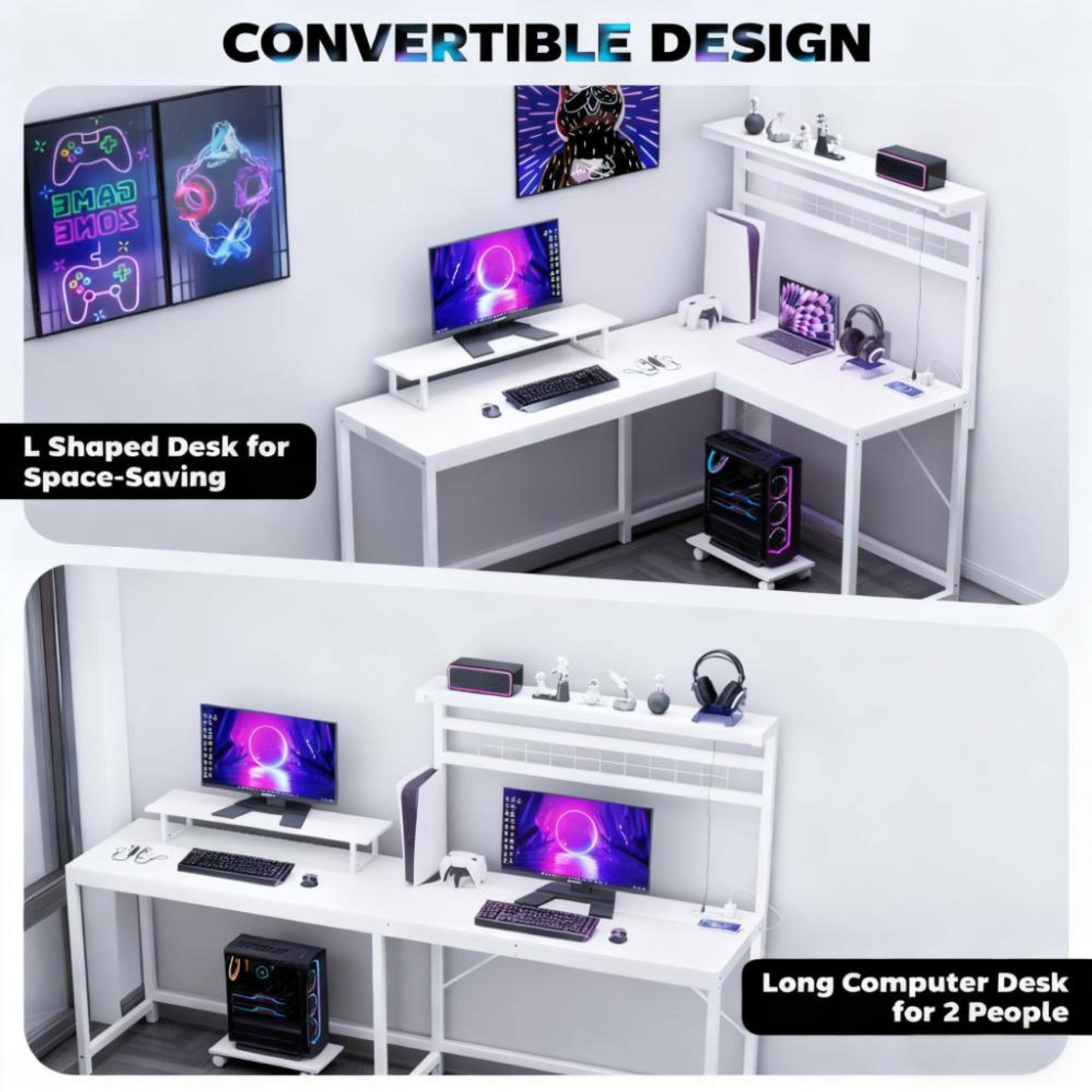Convertible Design  
L Shaped Desk for Space-Saving  
Long Computer Desk for 2 People