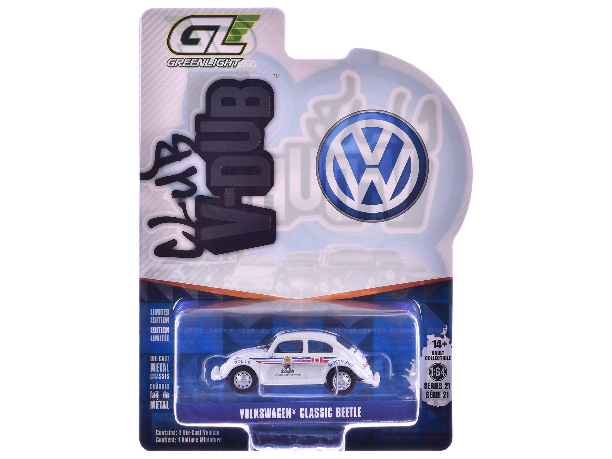 GREENLIGHT TM CLUB YOUB W LIMITED EDITION EDITION LIMITE 14+ ADULT DIE-CAST 1:64 COLLECTIBLE POLICE SPSETY STY BUG METAL CHASSIS SERIES 21 fail de SRIE 21 METAL VOLKSWAGEN 8 CLASSIC BEETLE Contains: 1 Die-Cast Vehicle Contient: 1 Volture Miniature