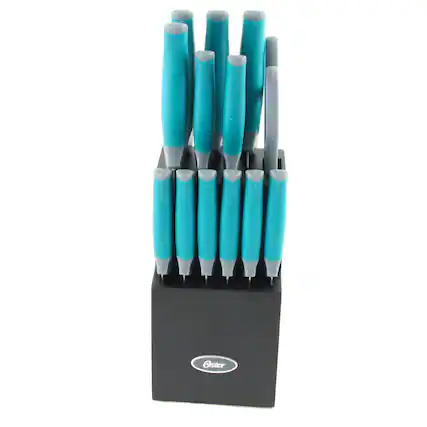 Front. Oster - Oster Lindbergh 14 Piece Stainless Steel Cutlery Set in Teal with Wooden Block - Teal.