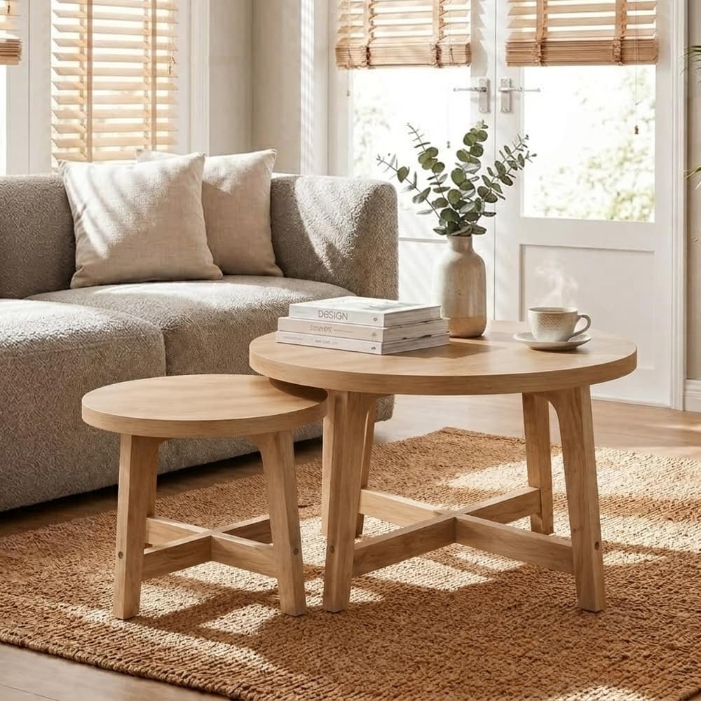 Loheer - Set of 2 Round Nesting Coffee Tables Finish Stackable End Tables X-Shaped Frame Modern Side Tables - Natural Wood price history on PriceWatchPro