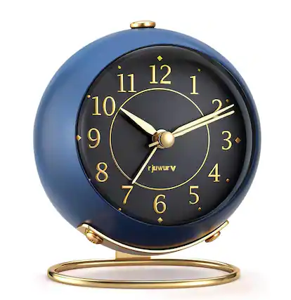 Front. FINEAK - Vintage Silent Non-Ticking Analog Alarm Clock, Gold Navy Blue Desk Decor - Blue.