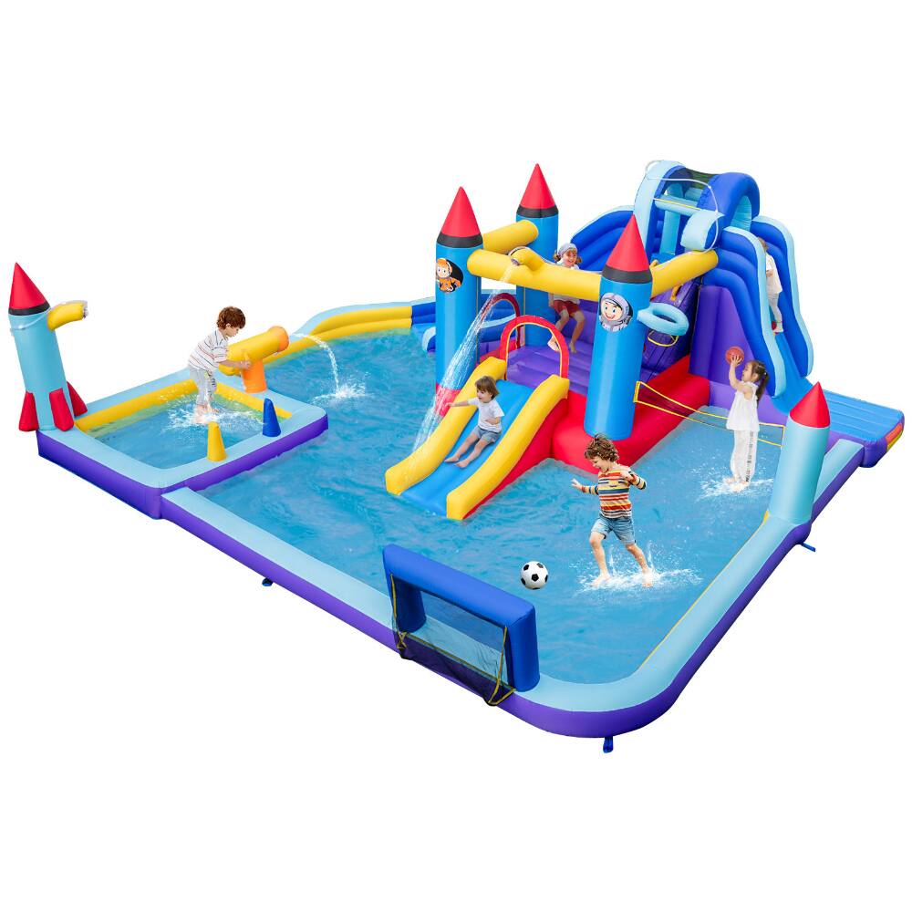 Front. SlickBlue - Rocket Theme Inflatable Water Slide Park for Kids Outdoor Fun - Multicolor.
