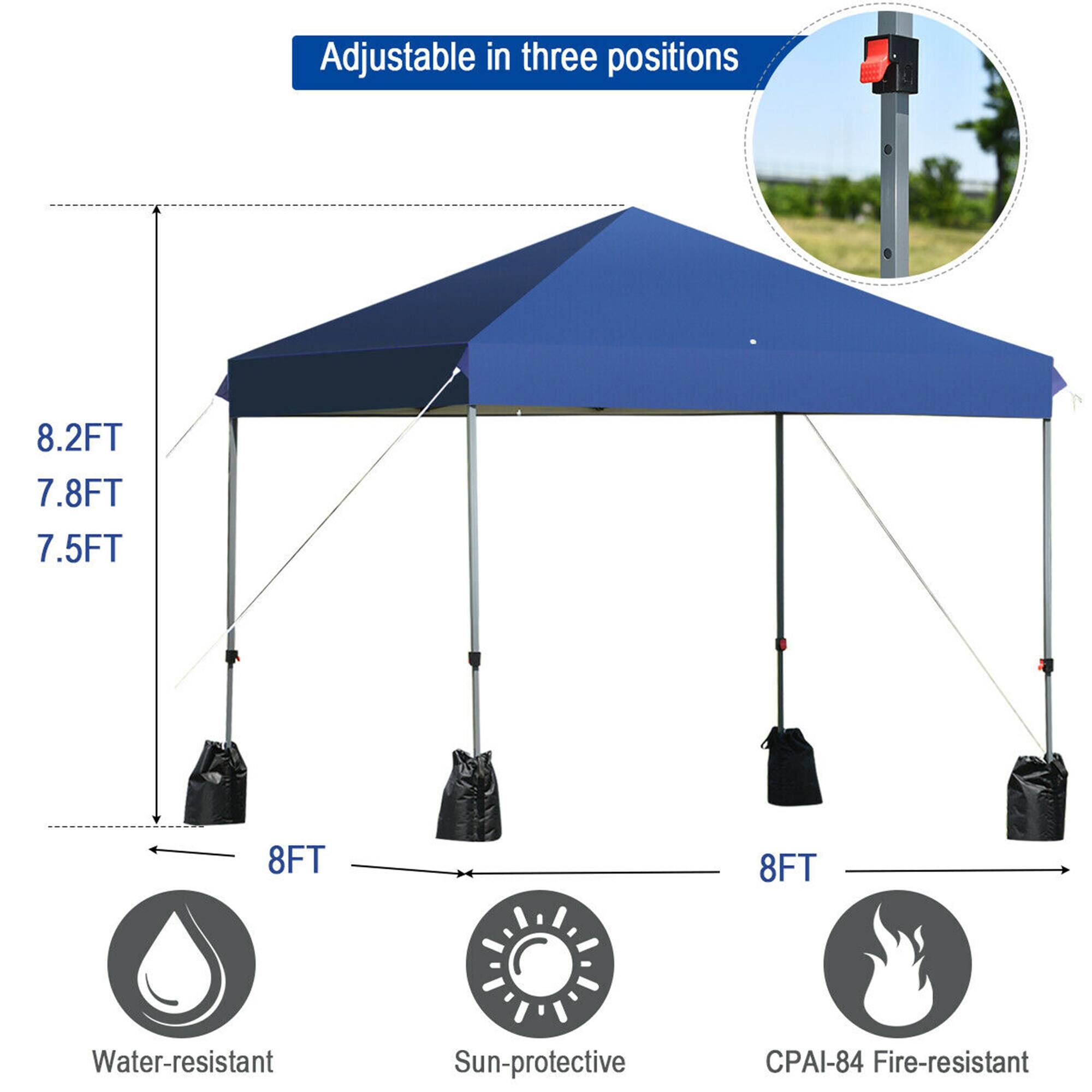Adjustable in three positions: 8.2FT, 7.8FT, 7.5FT, 8FT. Features: Water-resistant, Sun-protective, CPAI-84 Fire-resistant.