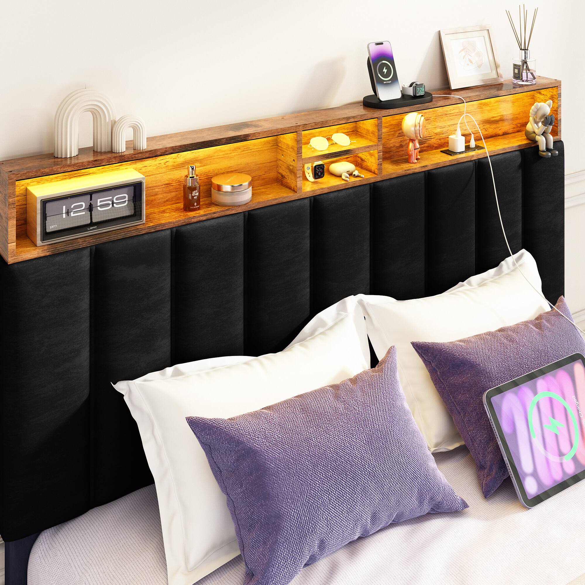 Angle. Sersper - Sersper Multifunctional LED Storage Queen Bed Frame with Charging Ports, Black - Black.