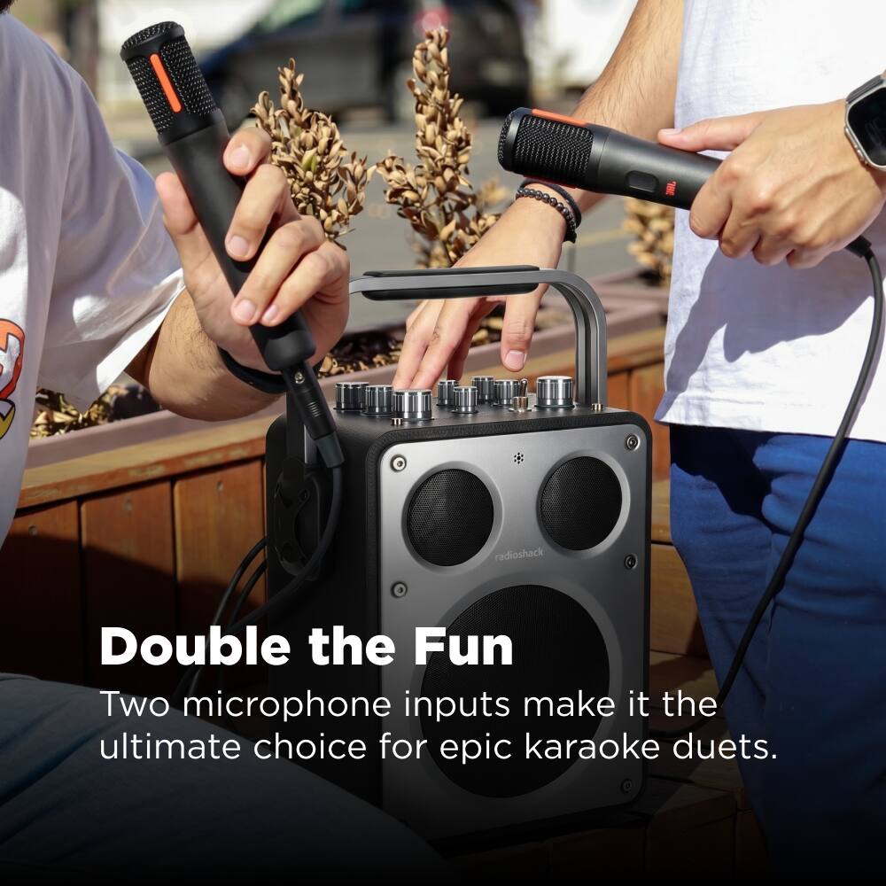 THE  
radioshack  
Double the Fun  
Two microphone inputs make it the ultimate choice for epic karaoke duets.