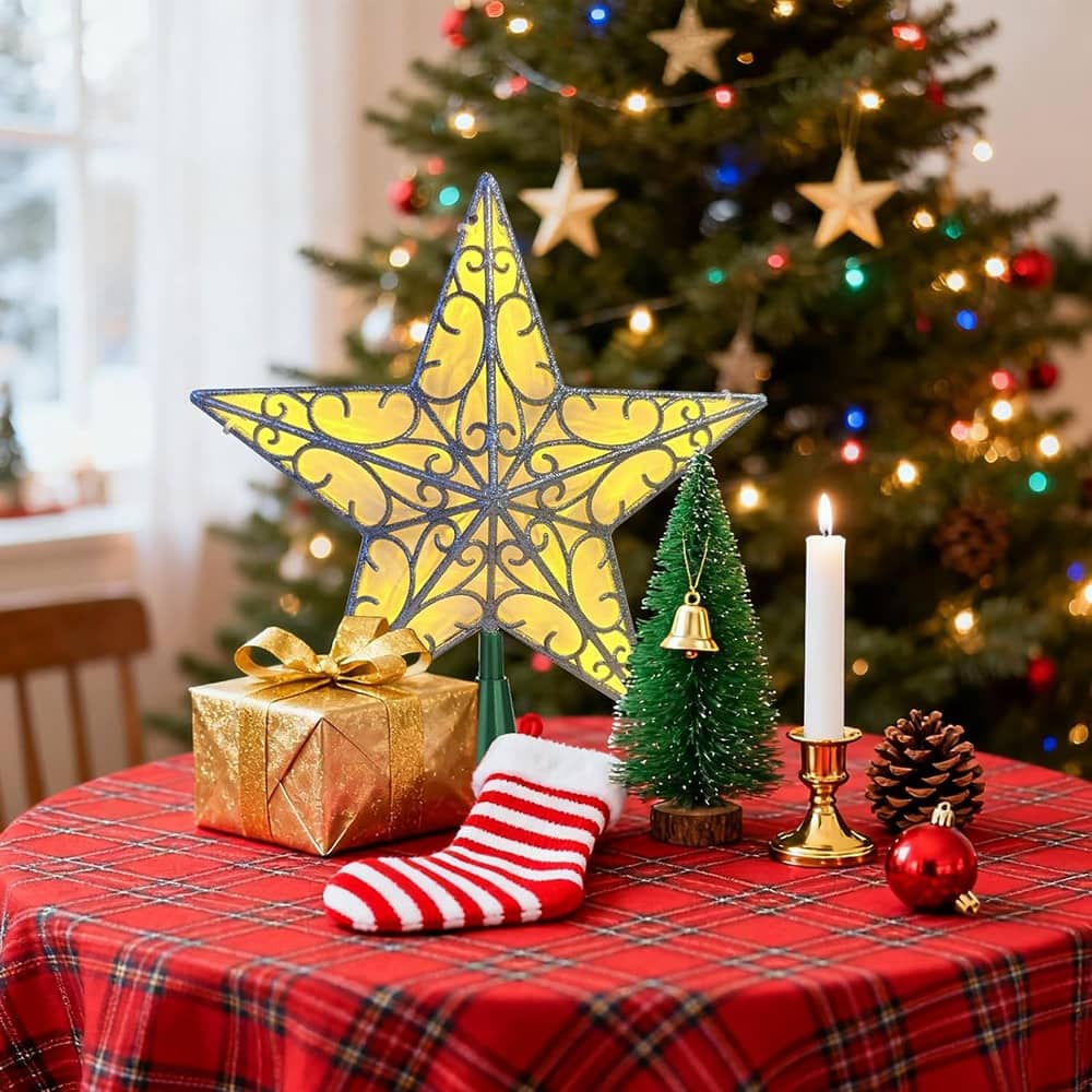 PARKER SLATER - Christmas Star Tree Topper – Glittered 3D Star, Warm White LED Lights, Indoor Decoration - Gold