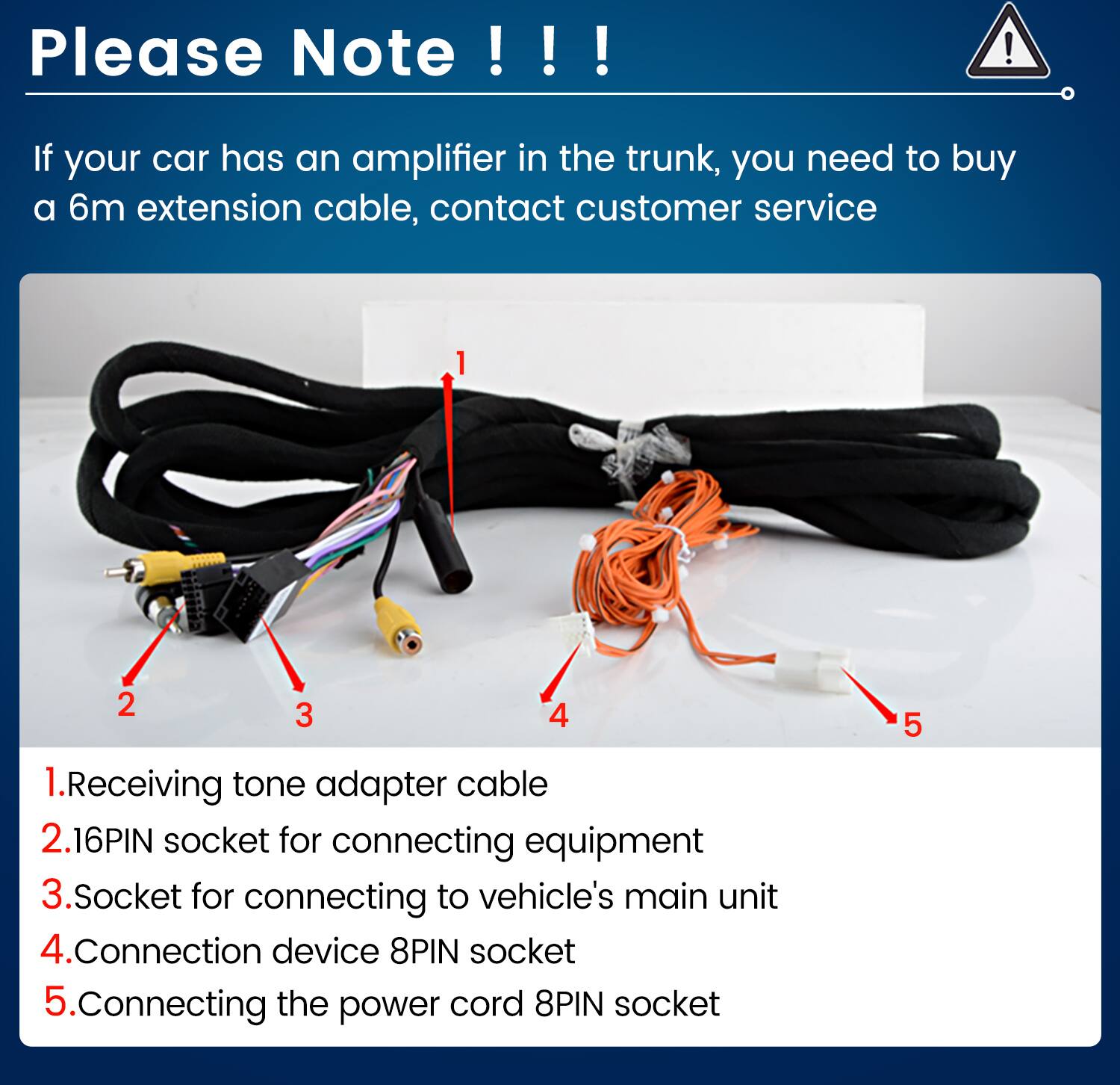 Please Note !!!  
If your car has an amplifier in the trunk, you need to buy a 6m extension cable, contact customer service

1. Receiving tone adapter cable  
2. 16PIN socket for connecting equipment  
3. Socket for connecting to vehicle's main unit  
4. Connection device 8PIN socket  
5. Connecting the power cord 8PIN socket