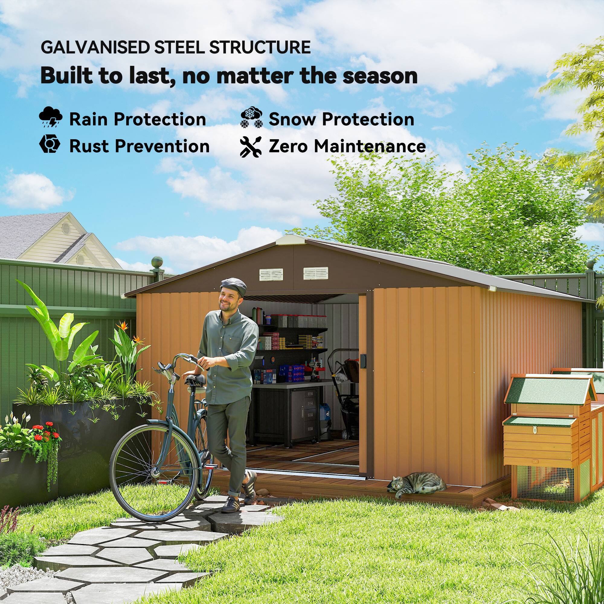 GALVANISED STEEL STRUCTURE  
Built to last, no matter the season  

- Rain Protection  
- Rust Prevention  
- Snow Protection  
- Zero Maintenance