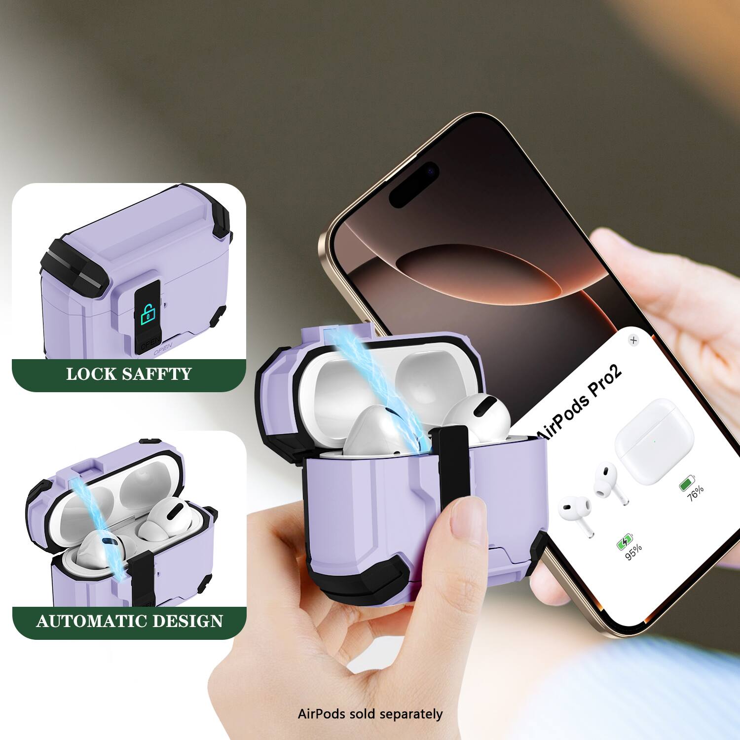 Onny LOCK SAFETY x Pro2 AirPods 76% + 2 95% AUTOMATIC DESIGN AirPods sold separately