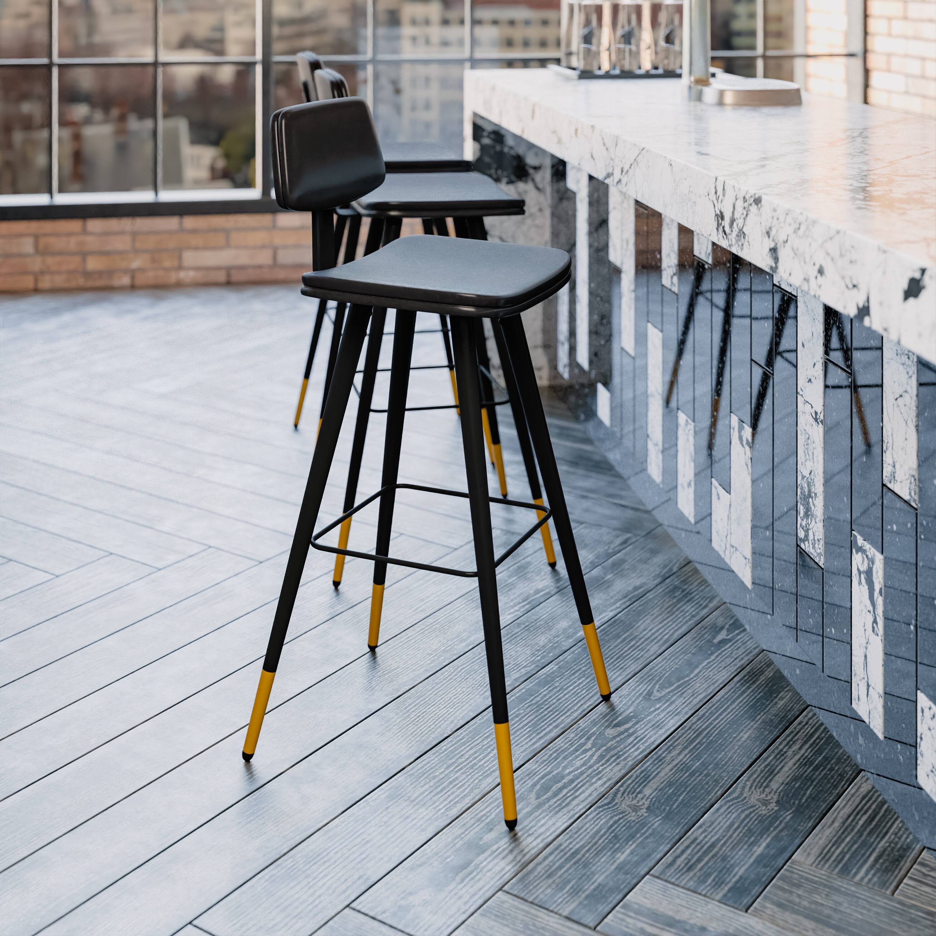 Alt View 4. Emma + Oliver - Set of 2 Commercial Grade LeatherSoft Barstools with Gold Tipped Iron Legs - Black.