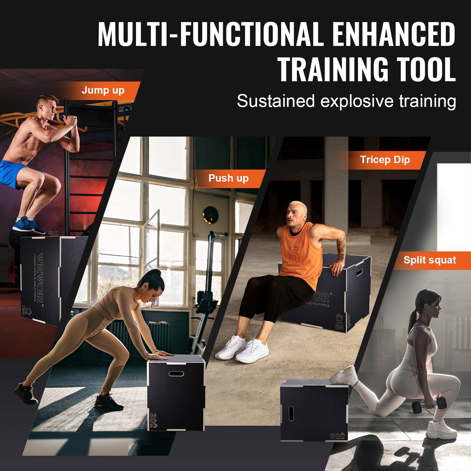 The text on the image can be grouped and corrected as follows:

**Multi-Functional Enhanced Training Tool**

- **Jump up**
- **Push up**
- **Tricep Dip**
- **Split squat**

**Sustained explosive training**