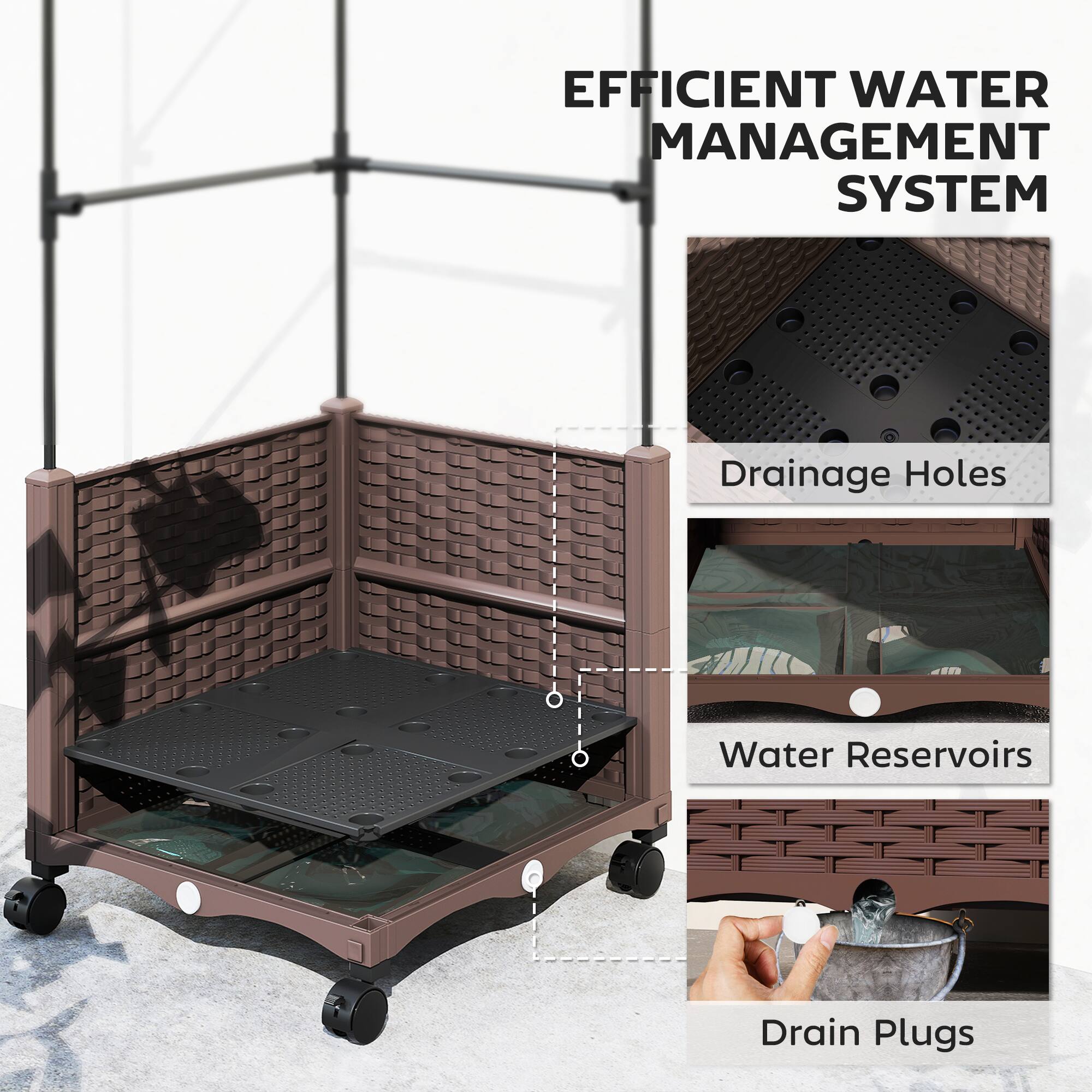 EFFICIENT WATER MANAGEMENT SYSTEM  
- Drainage Holes  
- Water Reservoirs  
- Drain Plugs