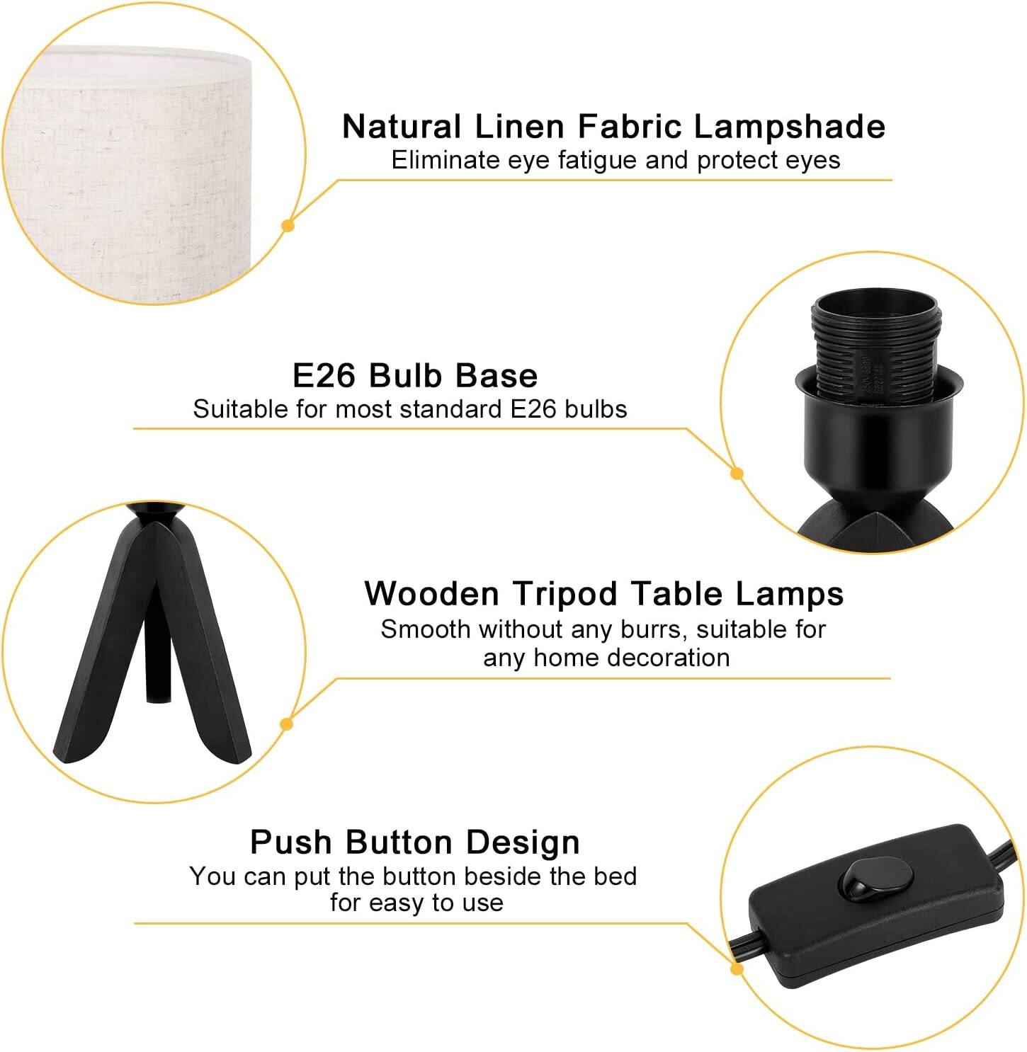 Natural Linen Fabric Lampshade  
Eliminate eye fatigue and protect eyes  

E26 Bulb Base  
Suitable for most standard E26 bulbs  

Wooden Tripod Table Lamps  
Smooth without any burrs, suitable for any home decoration  

Push Button Design  
You can put the button beside the bed for easy to use