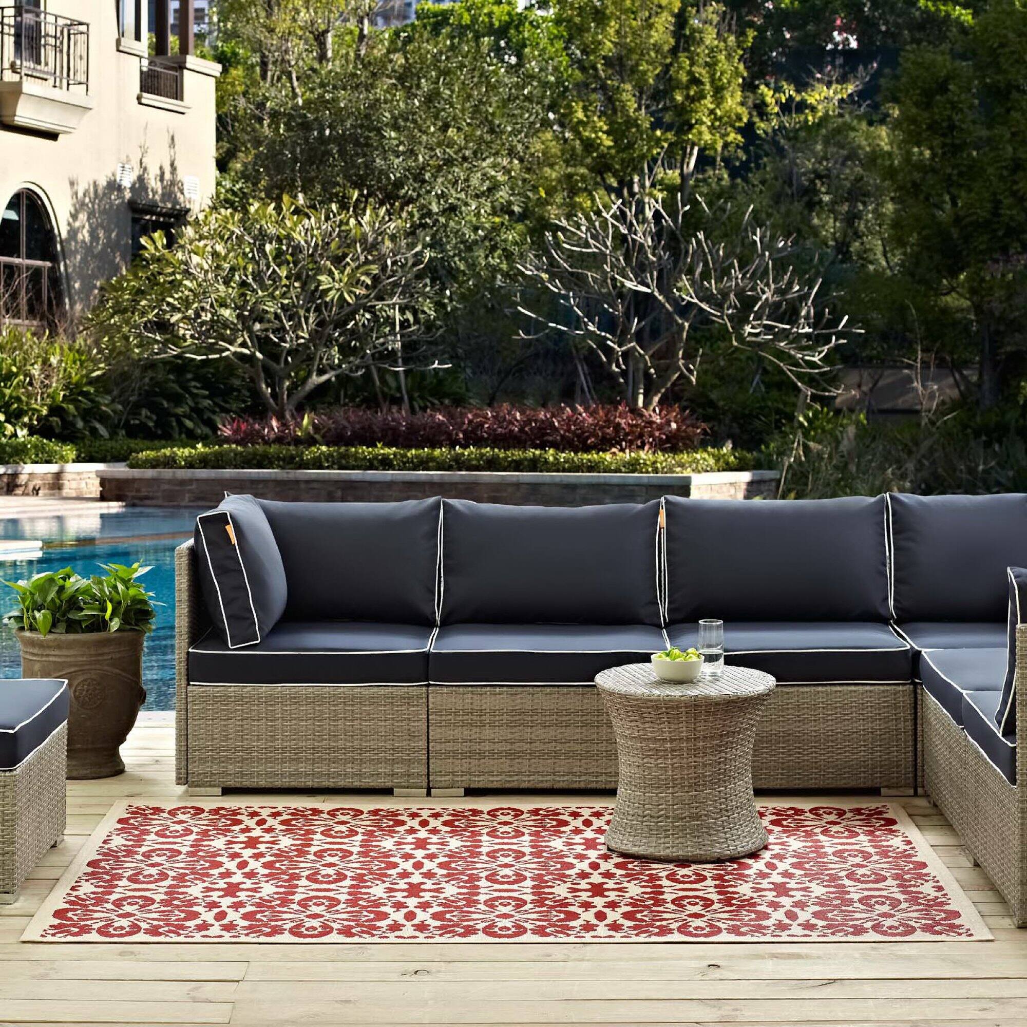Left. Modway - Ariana Vintage Floral Trellis Indoor and Outdoor Area Rug - Red and Beige.