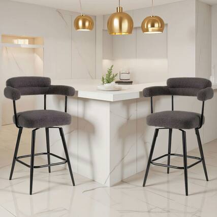 Front. Kadyn - Set of 2 Swivel Counter-Height Barstools with Curved Back and Arms, Gray and Black - Gray.