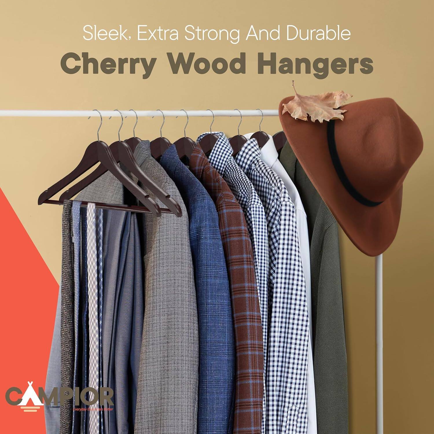 Sleek, Extra Strong And Durable Cherry Wood Hangers CAMPIOR Everyday Made Better