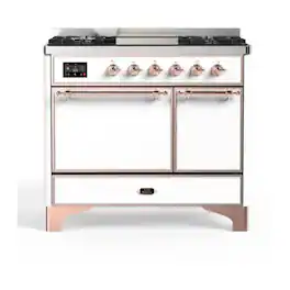 ILVE - Majestic II Series 40 in. Dual Fuel Range with 6 Sealed Burners + Griddle (Natural Gas, Copper Trim) - White