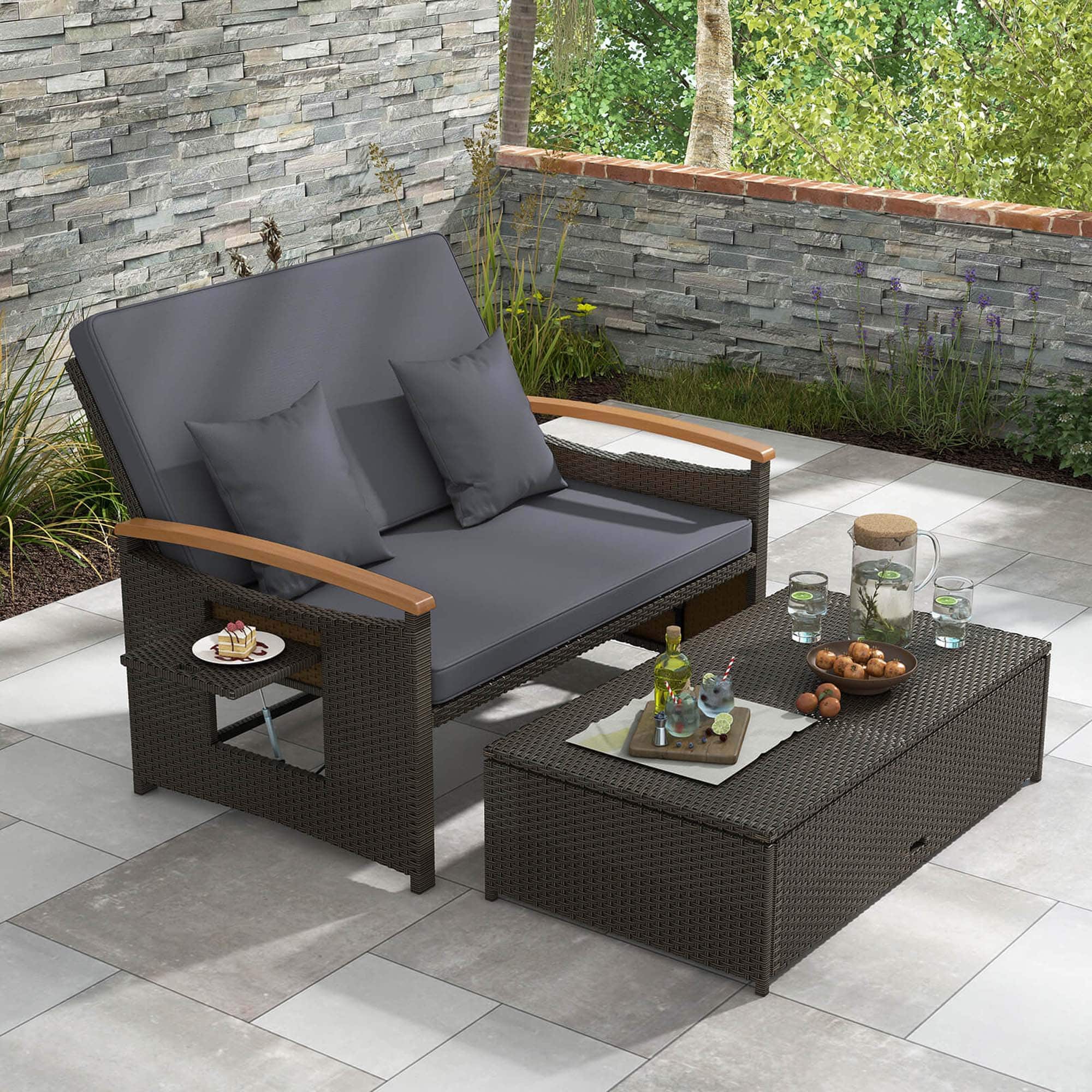 Alt View 1. Costway - Patio Rattan Daybed Set with Cushioned Loveseat & Storage Ottoman for Porch - Gray.