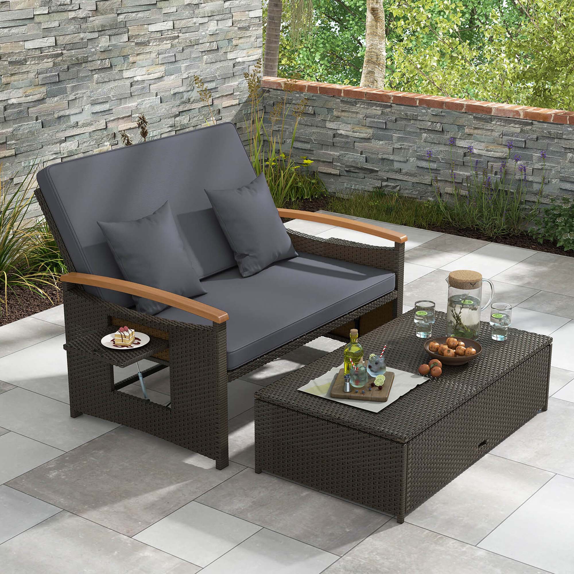 Alt View 1. Costway - Patio Rattan Daybed Set with Cushioned Loveseat & Storage Ottoman for Porch - Gray.
