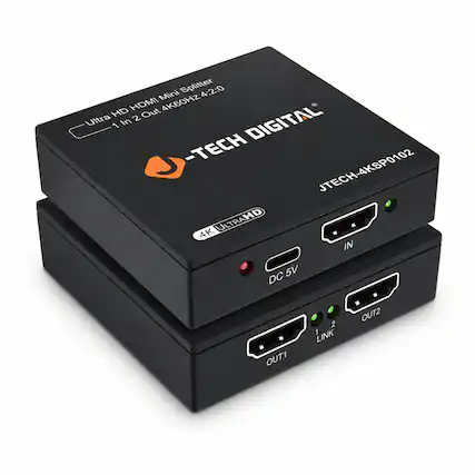 Mini Splitter 4:2:0 HD HDMI 4K60Hz 1 In 2 Out Ultra 1 In DIGITAL -TECH JTECH-4KSP0102 ULTRAHD 4K IN 5V DC OUT1 2 1 LINK OUT2