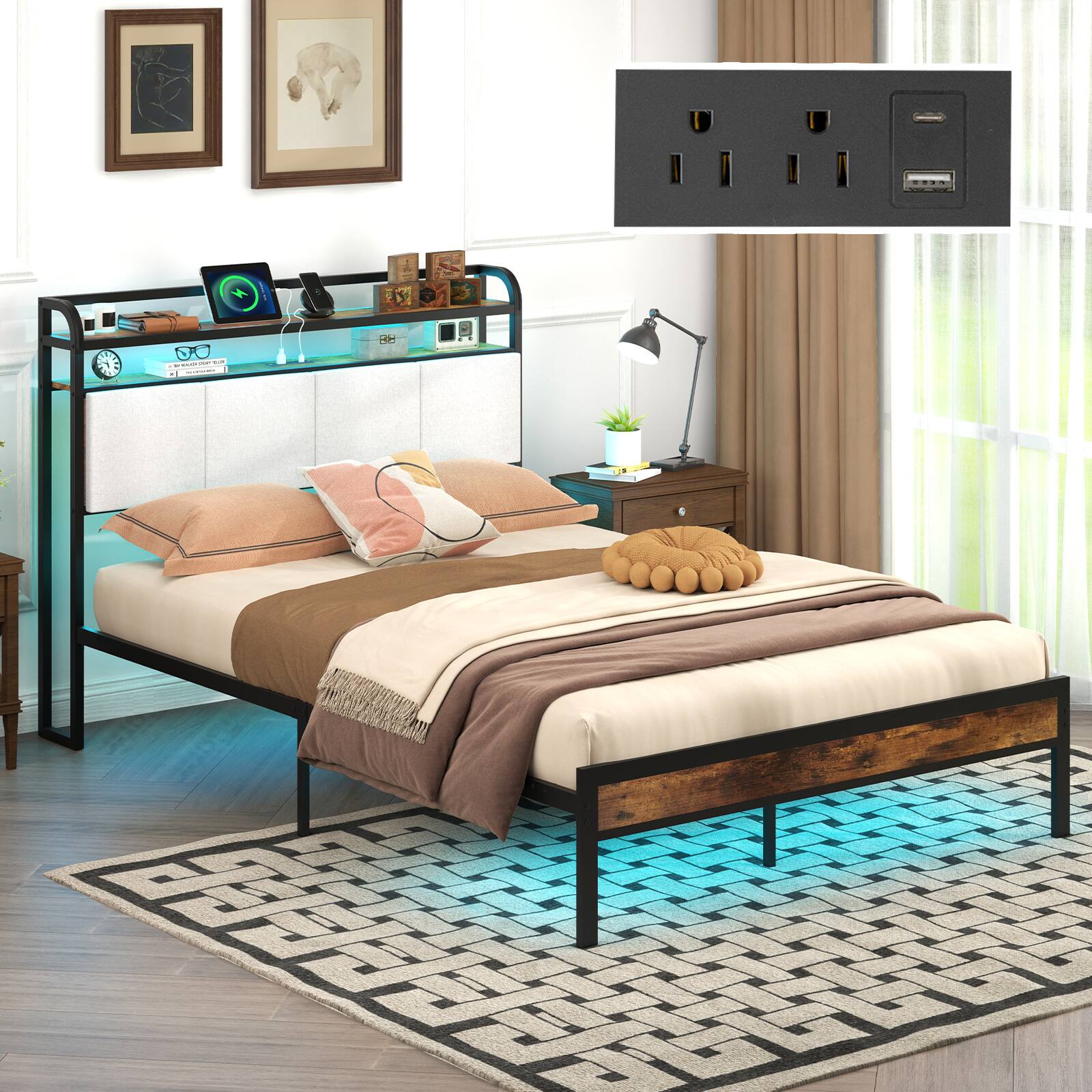 Alt View 8. Gymax - Gymax Full Size Bed Frame w/LED Light & Charging Station Heavy Duty Metal Platform Bed - Rustic Brown, Black, Grey.
