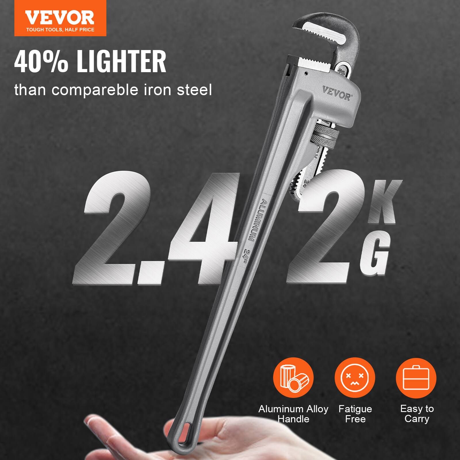 VEVOR  
TOUGH TOOLS, HALF PRICE  

40% LIGHTER  
than comparable iron steel  

2.4 kg  
22 G  

Aluminum Alloy Handle  
Fatigue Free  
Easy to Carry