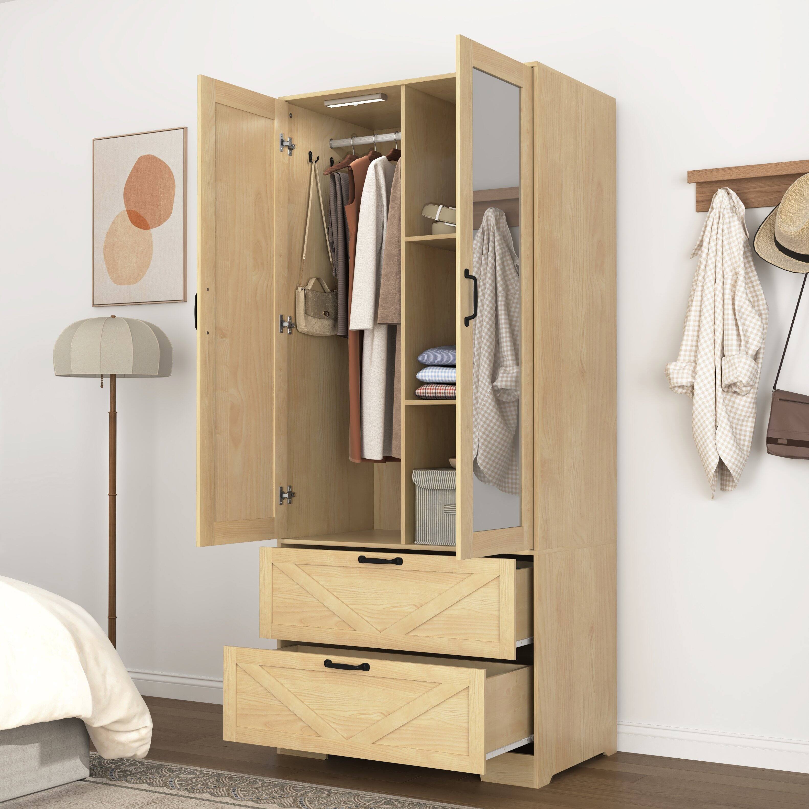 Left. MERAVOM - Wooden Armoire Wardrobe with Mirror and 2 Drawers, 2 Doors, 71.7" Tall Freestanding Clothing Storage Cabinet for Bedroom - Natural.