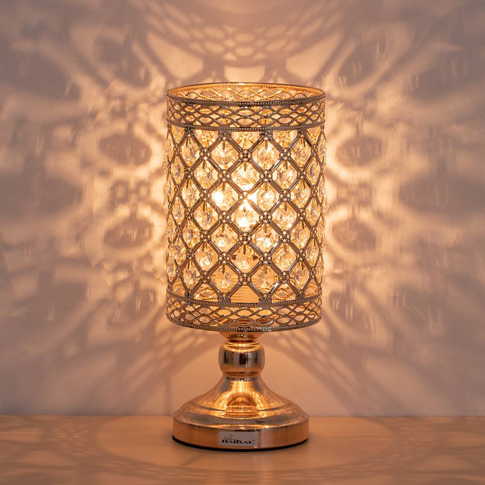Alt View 1. Oumilen - Golden Cylindrical Beaded Crystal Table Lamp with Metal Base & UL Plug, Luxury Lighting for Bedroom Study Living Room.