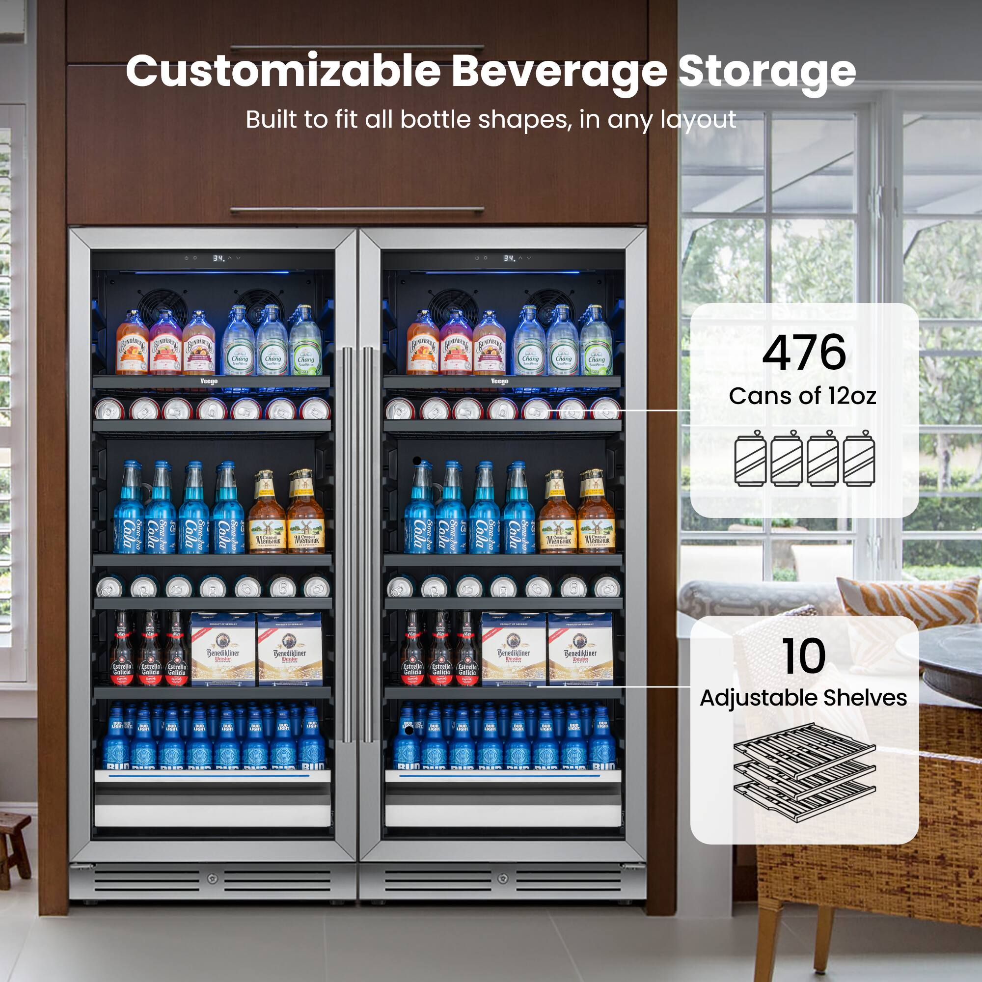 Customizable Beverage Storage  
Built to fit all bottle shapes, in any layout  

476 Cans of 12oz  

10 Adjustable Shelves