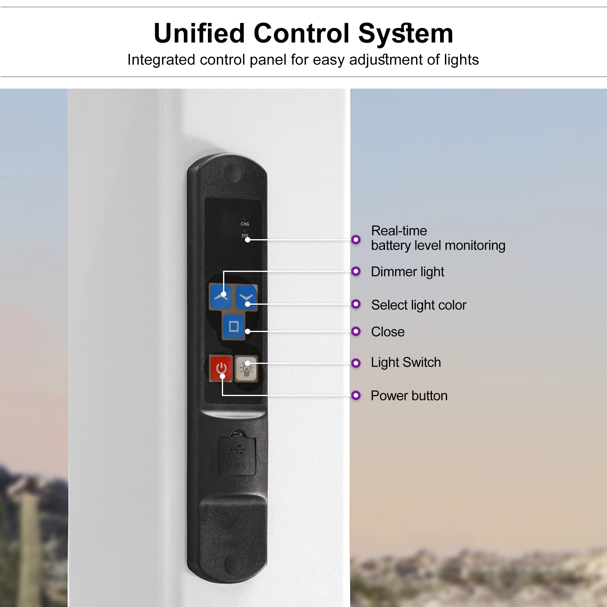 Unified Control System  
Integrated control panel for easy adjustment of lights  

- Real-time battery level monitoring  
- Dimmer light  
- Select light color  
- Close  
- Light Switch  
- Power button  

50W