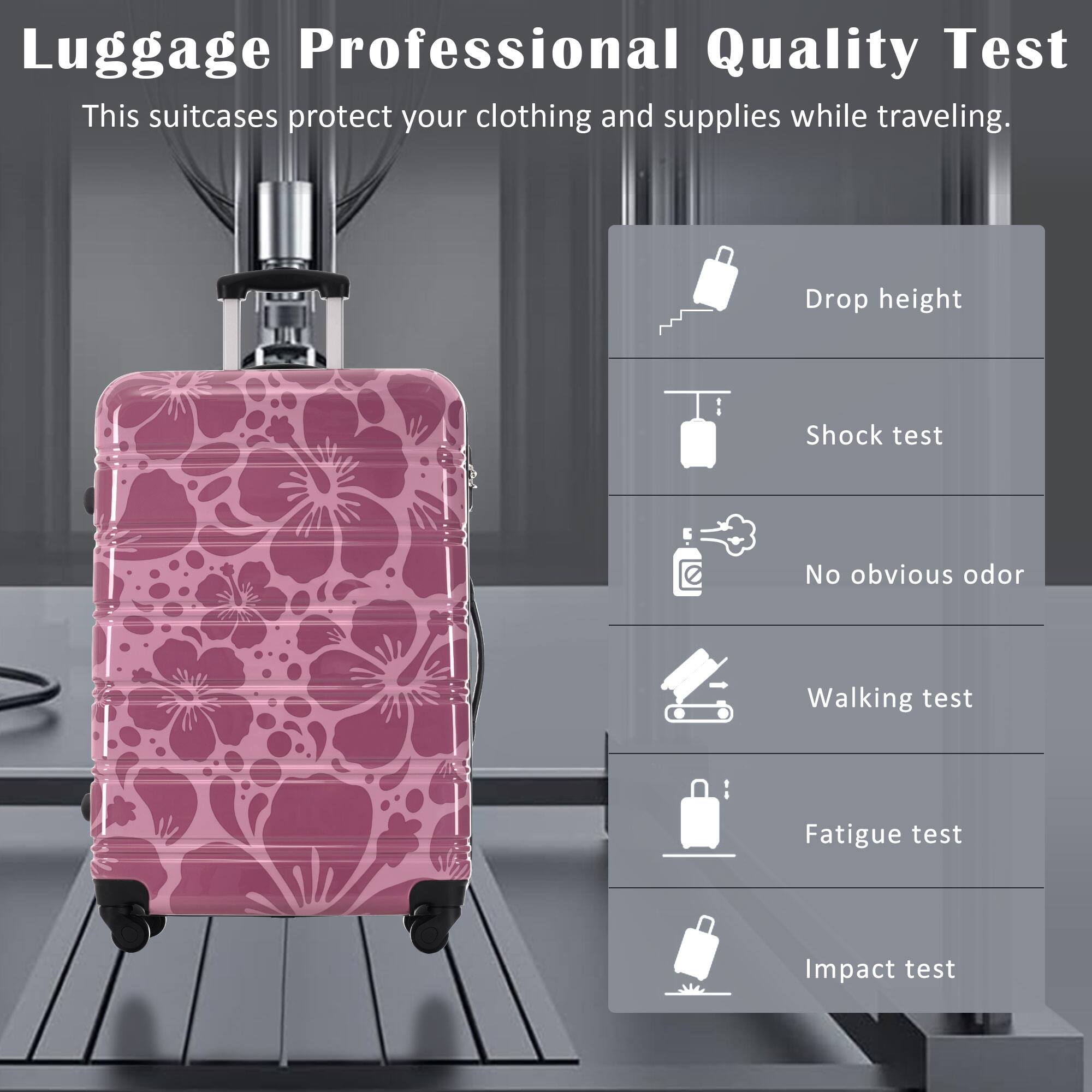 Luggage Professional Quality Test

This suitcases protect your clothing and supplies while traveling.

- Drop height
- Shock test
- No obvious odor
- Walking test
- Fatigue test
- Impact test