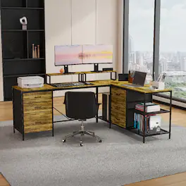 Loheer - 114 Inch L-Shaped Desk with Power Hub, Industrial Gaming Desk, 6 Drawers - Rustic Brown
