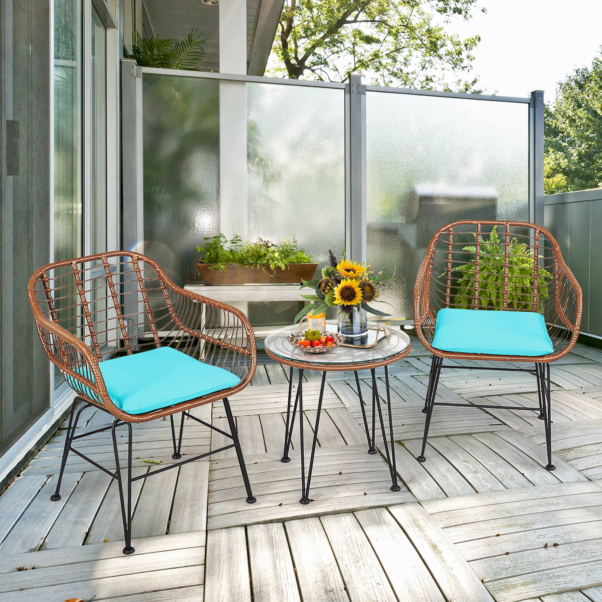 Alt View 1. Costway - 3PCS Patio Rattan Bistro Set Table Armchair Garden Cushion - Turquoise.