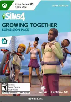 Xbox Series X is the game add-on for Xbox One. The Sims 4: Growing Together Expansion Pack is a teen-rated game with themes of violence, sexual themes, and crude humor. It also requires in-game purchases and is developed by Maxis Electronic Arts. - T (Teen 13+)