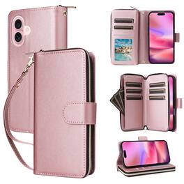 Dteck - Crossbody Wallet Case for Apple iPhone 17, Shockproof Zipper Pocket PU Leather Folio Cover with 9 Card Slots - Rosegold