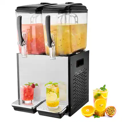 Front. VEVOR - Commercial Beverage Dispenser,2 Tanks 12 L / 12.7 QT Per Tank Juice Dispenser,286W Stainless Steel Ice Tea Drink Machine - Black;Silver.