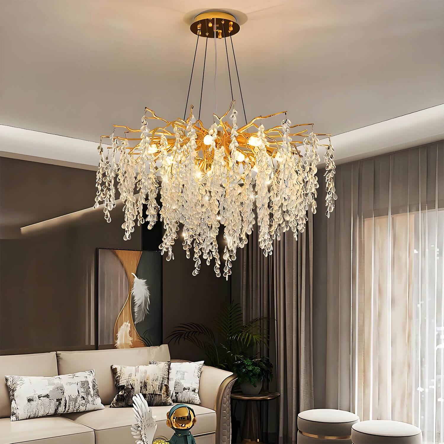 Left. Siljoy - Elegant Luxury French Creative Branch Design with Tassel Glass Chandelier - Gold.
