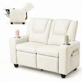 Costway - 2-Seater Kids Recliner with Cup Holders Side Storage Pockets Adjustable Backrest - Beige